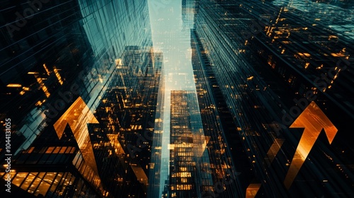 New York skyscrapers at night with abstract metaverse lines and arrows. 