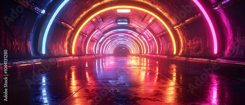 A vibrant, futuristic tunnel illuminated with neon lights in shades of pink, blue, and purple, casting colorful reflections on the wet floor, creating an immersive atmosphere.