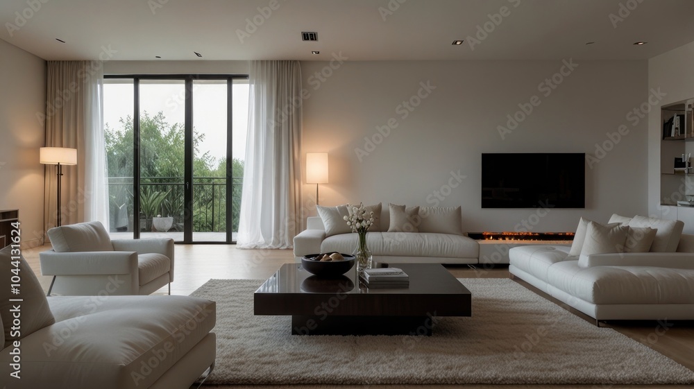 A modern living room with a white sofa, white chairs, a coffee table, a fireplace, and a large window overlooking a balcony. A modern living room with a white sofa, white chairs, a coffee table, a fireplace, and a large window overlooking a balcony.