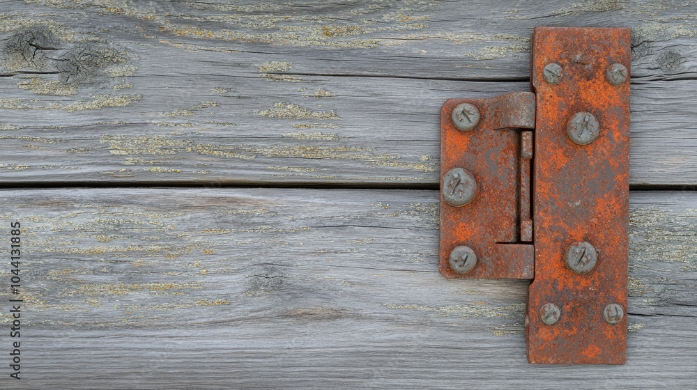 Weathered Iron Hinge on Rustic Wooden Surface Weathered Iron Hinge on Rustic Wooden Surface