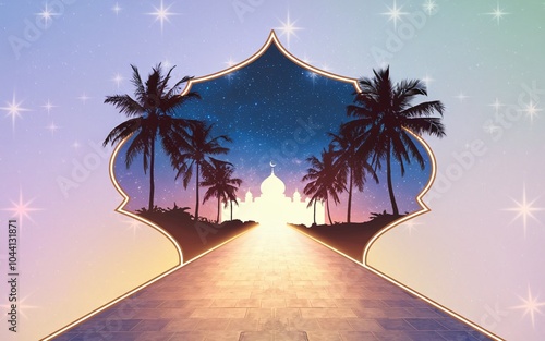 A glowing mosque with palm trees and a starry night sky seen through an arched doorway. photo