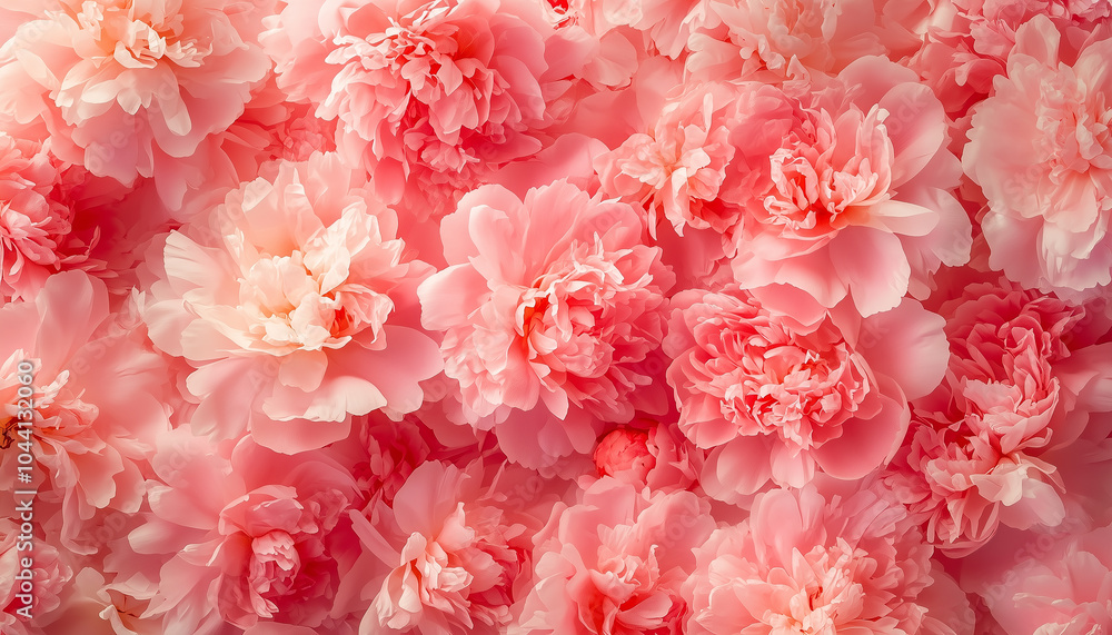 Fototapeta premium Fluffy pink peonies flowers background. A Flurry of Fluffy Pink Peonies in Full Bloom