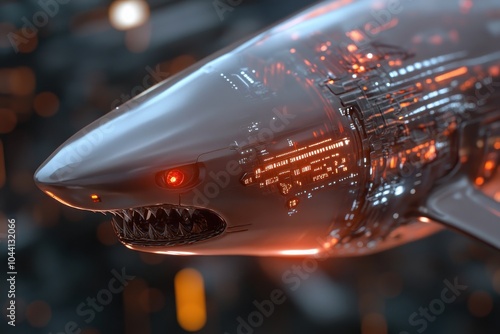 A cybernetic shark with sharp teeth and a glowing red eye swimming in a high-tech environment, resembling a fusion of nature and advanced technology.