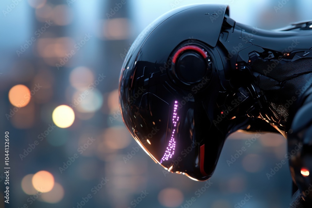A dark, sleek robot stands over a city, its face aglow with neon lights, capturing the spirit of a futuristic urban landscape filled with innovation and energy. A dark, sleek robot stands over a city, its face aglow with neon lights, capturing the spirit of a futuristic urban landscape filled with innovation and energy.