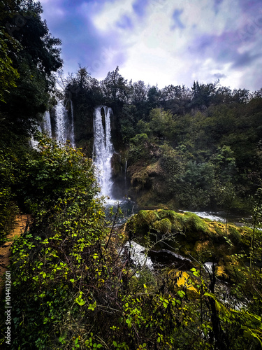 Waterfall flowing through dense forest with lush foliage under cloudy sky