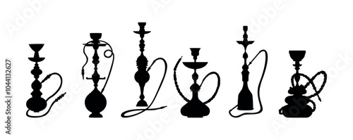 Set of silhouette hookah. Black and white hookahs.
