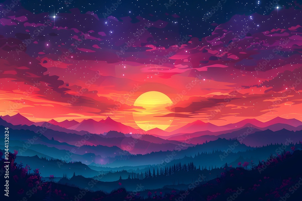 Vibrant Sunset Over Majestic Mountains and Starry Sky Vibrant Sunset Over Majestic Mountains and Starry Sky