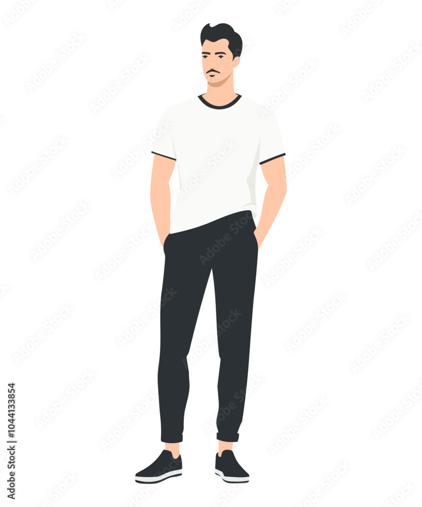 Vector illustration on a white background. A man in a white t-shirt and black pants. Minimalist style. Vector illustration on a white background. A man in a white t-shirt and black pants. Minimalist style.