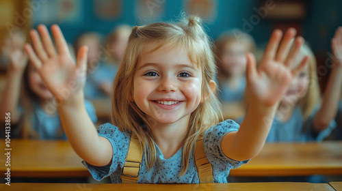 Smiling children in classroom, raising hands enthusiastically. joyful atmosphere reflects their eagerness to participate and learn together photo