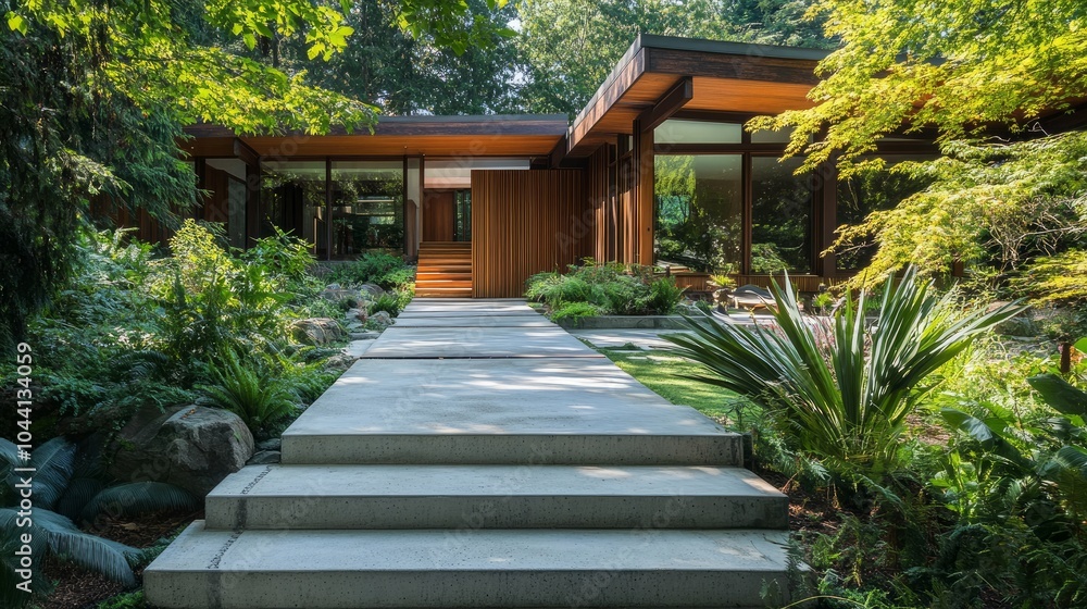 Sustainable house facade with concrete stairs and modern design.
Sustainable house facade with concrete stairs and modern design.