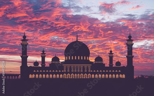 A mosque silhouette against a vibrant pink and purple sunset sky. photo