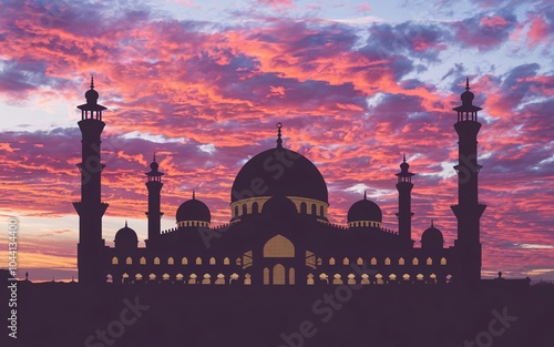 Silhouette of a mosque against a vibrant sunset sky. photo