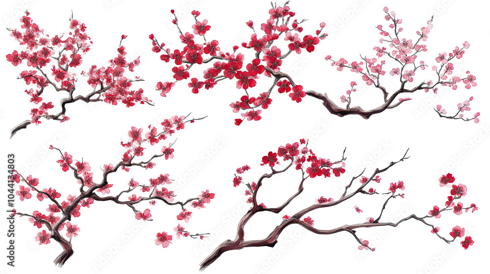Traditional Ink Painting of Sakura Tree Branches With Blossoms Generative AI Traditional Ink Painting of Sakura Tree Branches With Blossoms Generative AI