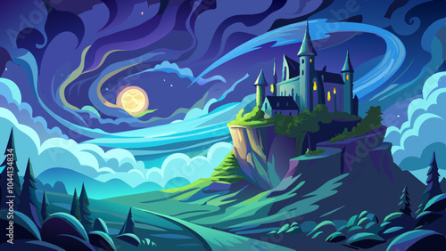 Mysterious castle atop a hill illuminated by moonlight under a dramatic night sky with swirling clouds