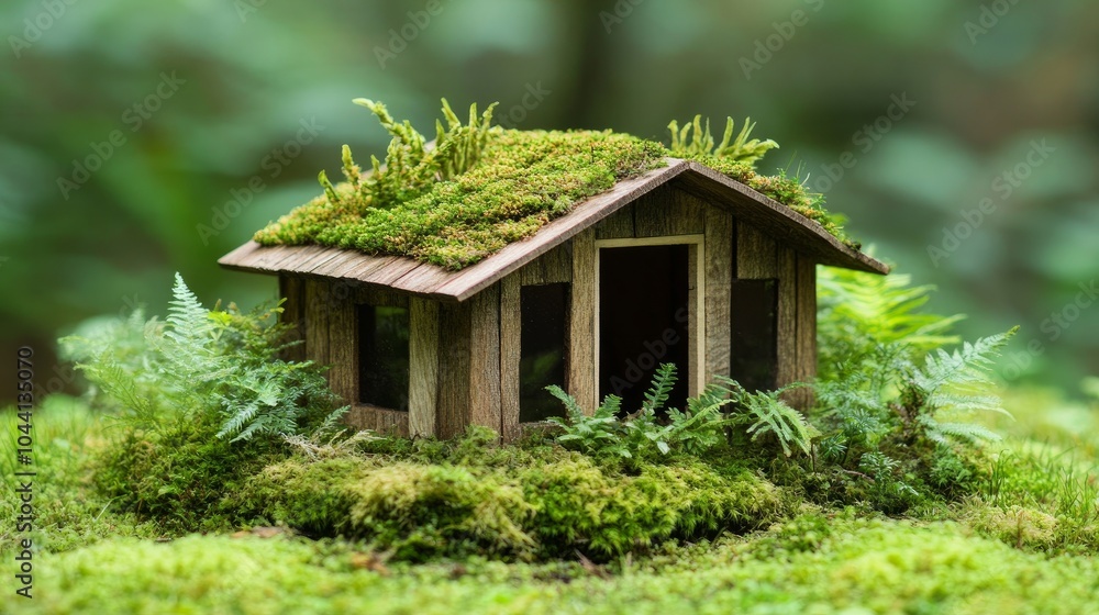 Green and environmentally friendly housing concept. Miniature wooden house in spring grass, moss and ferns on a sunny day. Eco house --ar 16:9 --v 6.1 Job ID: 731716bf-9ce0-4842-b0f3-1ca5fec24bc5