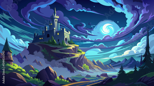 Mysterious castle atop a hill illuminated by moonlight under a dramatic night sky with swirling clouds