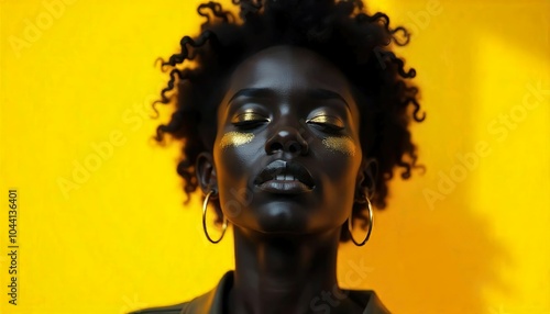 A young Black woman with short, curly dark hair and closed eyes, wearing gold makeup on her face against a bright yellow background