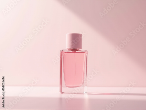 Product Photography of Pink Rectangle Glass Perfume Bottle with Light Pink Cap and Floral Notes on White Background