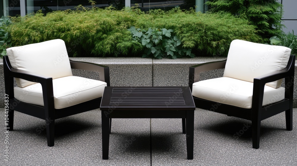 Chairs with cream cushions surround a dark wood table on beige carpet, inviting relaxation under soft natural light and greenery Chairs with cream cushions surround a dark wood table on beige carpet, inviting relaxation under soft natural light and greenery