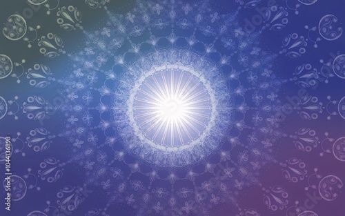 Abstract light mandala with purple and blue gradient background. photo