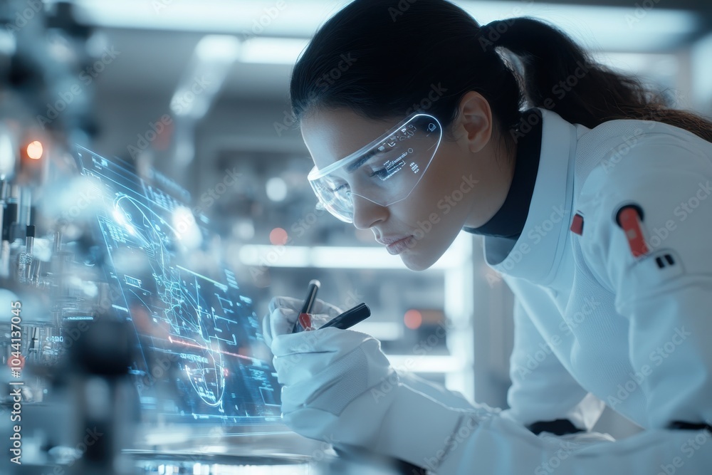 A scientist wearing advanced eyewear interacts with a futuristic holographic display, representing innovation and cutting-edge technology in a lab setting. A scientist wearing advanced eyewear interacts with a futuristic holographic display, representing innovation and cutting-edge technology in a lab setting.