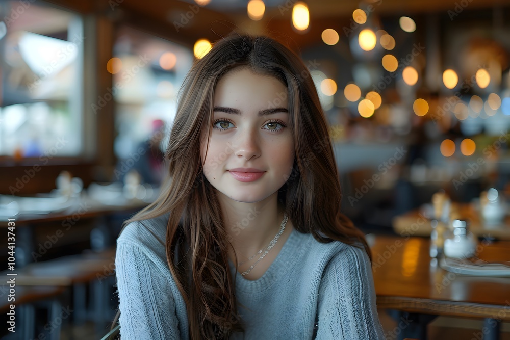 Obraz premium A Serene Portrait of a Young Woman in a Cozy Café Setting