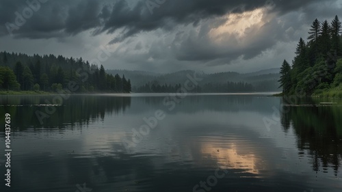 A tranquil lake scene with a dramatic sky.