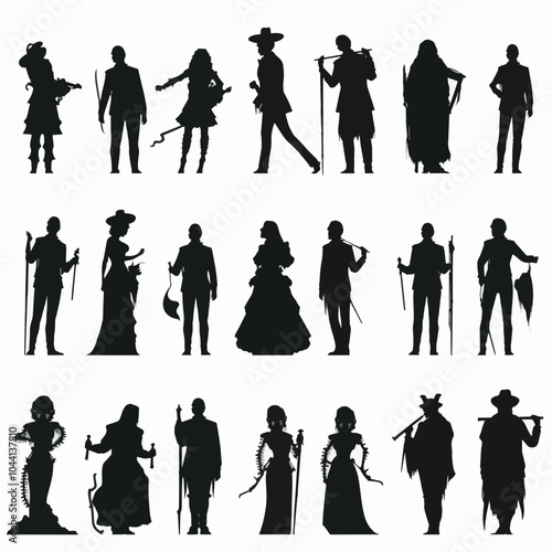 Victorian-Era Silhouette Figures Holding Canes and Walking Sticks for Halloween