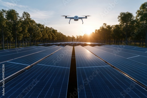 A drone flies above an extensive solar panel array set against a backdrop of trees and a rising sun, emphasizing innovation in clean energy technology. photo