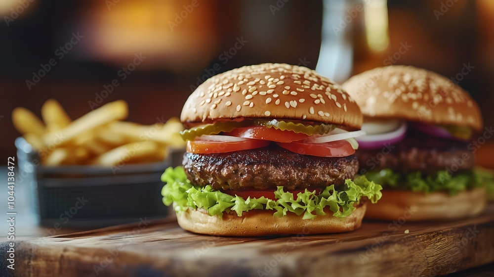 custom made wallpaper toronto digitalBurger on a wooden cutting board. Ideal fast food, best-selling in the street market
