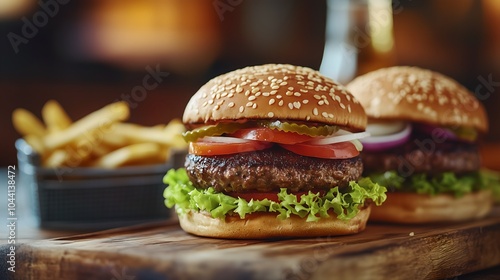 Wallpaper Mural Burger on a wooden cutting board. Ideal fast food, best-selling in the street market Torontodigital.ca