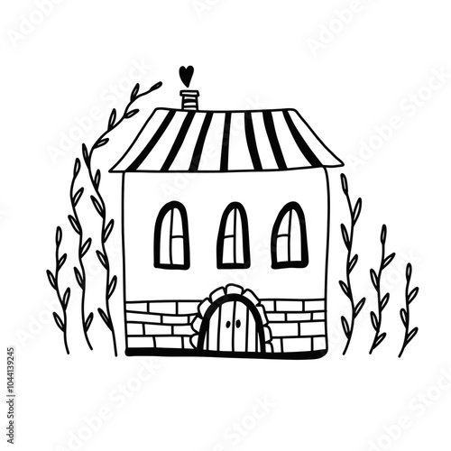 Cute cozy house vector monochrome black and white illustration, kids clipart isolated on transparent background. Cottage outline drawing for logo, web, poster, print. Doodle hand drawn sketch