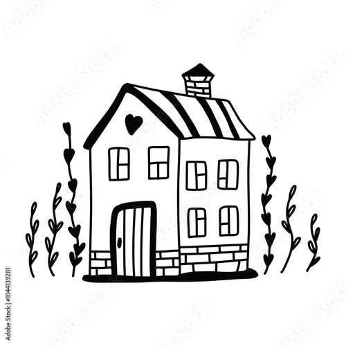 Cute cozy house vector monochrome black and white illustration, kids clipart isolated on transparent background. Cottage outline drawing for logo, web, poster, print. Doodle hand drawn sketch
