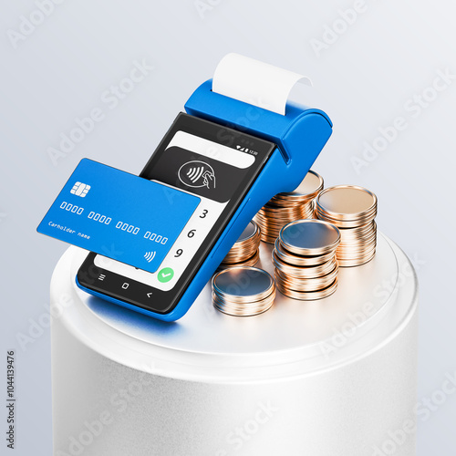 3d icon of pos terminal with coins and credit card. 3d illustration for finance and banking on white background. simple 3d rendering of payment terminal with money on platform