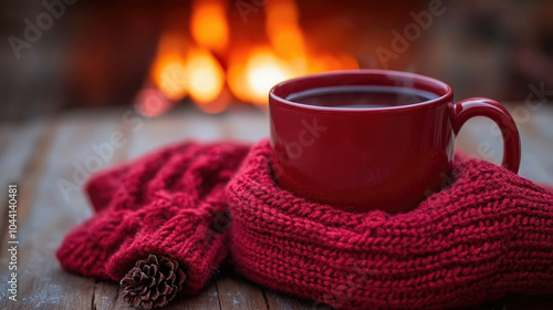 Wallpaper Mural A warm red mug filled with coffee sits on a knitted scarf, next to a glowing fireplace in a rustic cabin during winter evenings Torontodigital.ca