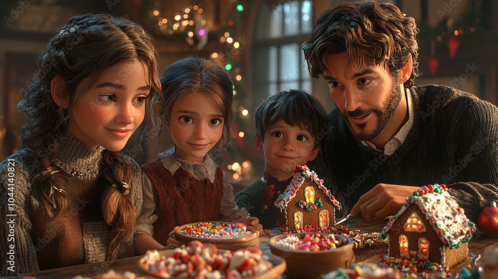 A cozy indoor scene of a family decorating gingerbread houses together A cozy indoor scene of a family decorating gingerbread houses together