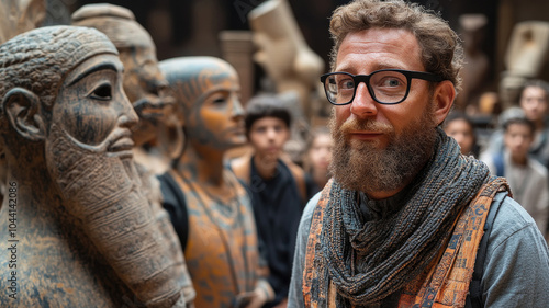 Wallpaper Mural A man with a beard and glasses studies ancient Egyptian sculptures, surrounded by intrigued onlookers exploring cultural history Torontodigital.ca