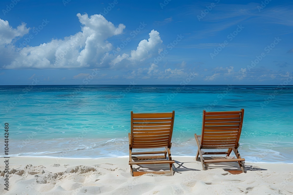 Tranquil Beach Scene with Lounge Chairs Overlooking Crystal Clear Waters Tranquil Beach Scene with Lounge Chairs Overlooking Crystal Clear Waters