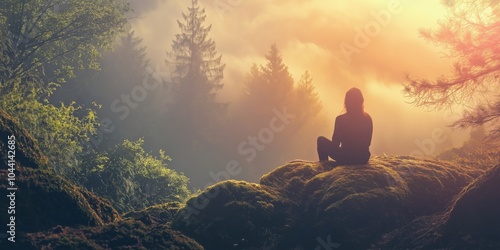 A figure sits contemplatively on a misty hilltop, enveloped by a sunlit forest view full of mystery.