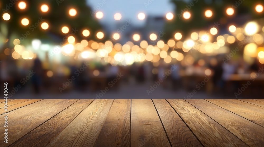 Empty Wooden Table Top with Blurred Background of Night Festival, Template Mockup for Display Empty Wooden Table Top with Blurred Background of Night Festival, Template Mockup for Display