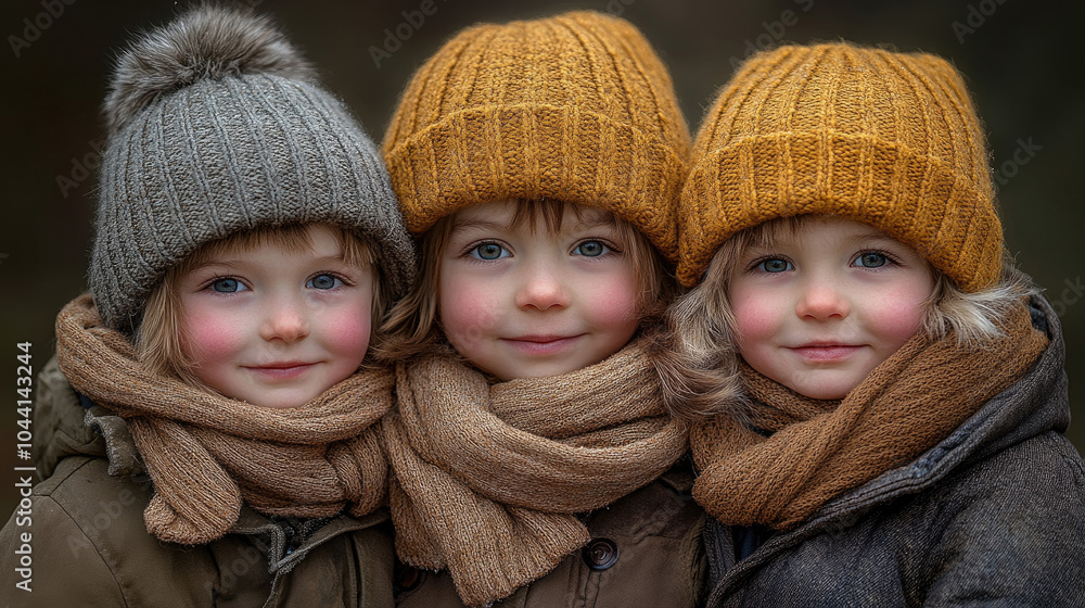 Three cheerful children dressed in warm winter hats and scarves stand close together in a serene outdoor environment, capturing a joyful moment Three cheerful children dressed in warm winter hats and scarves stand close together in a serene outdoor environment, capturing a joyful moment