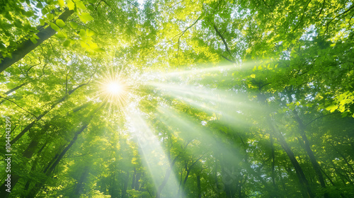 Sunlight streams down, casting a warm glow on the vibrant green foliage of the rainforest overhead