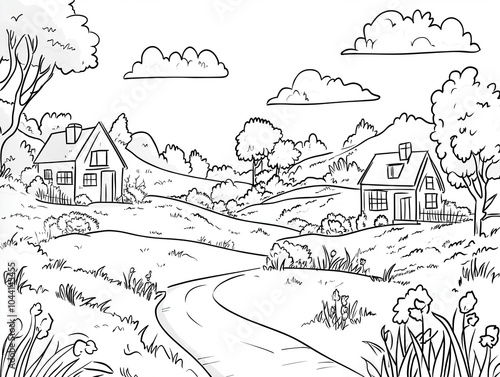 Charming Countryside: Easy Coloring Page of Houses and Landscape