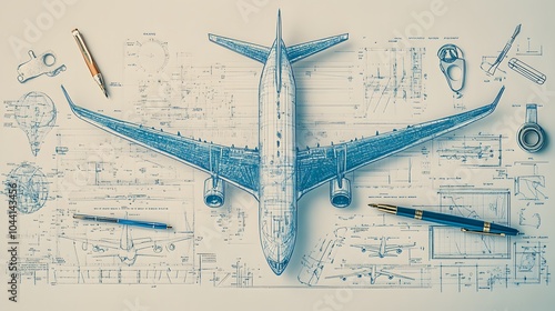 birdeye view photo of a areoplane engineer's desk with blueprints of a commercial airplane photo