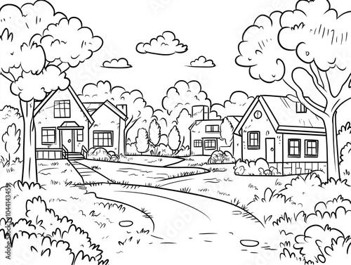 Dreamy Homes: Unpretentious Coloring Page of a Scenic Landscape