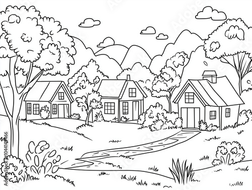 Nature's Haven: Playful Landscape with Houses for Creative Coloring