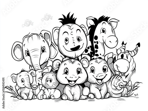 Wild Encounters: Playful Group of Safari Animals Coloring Page