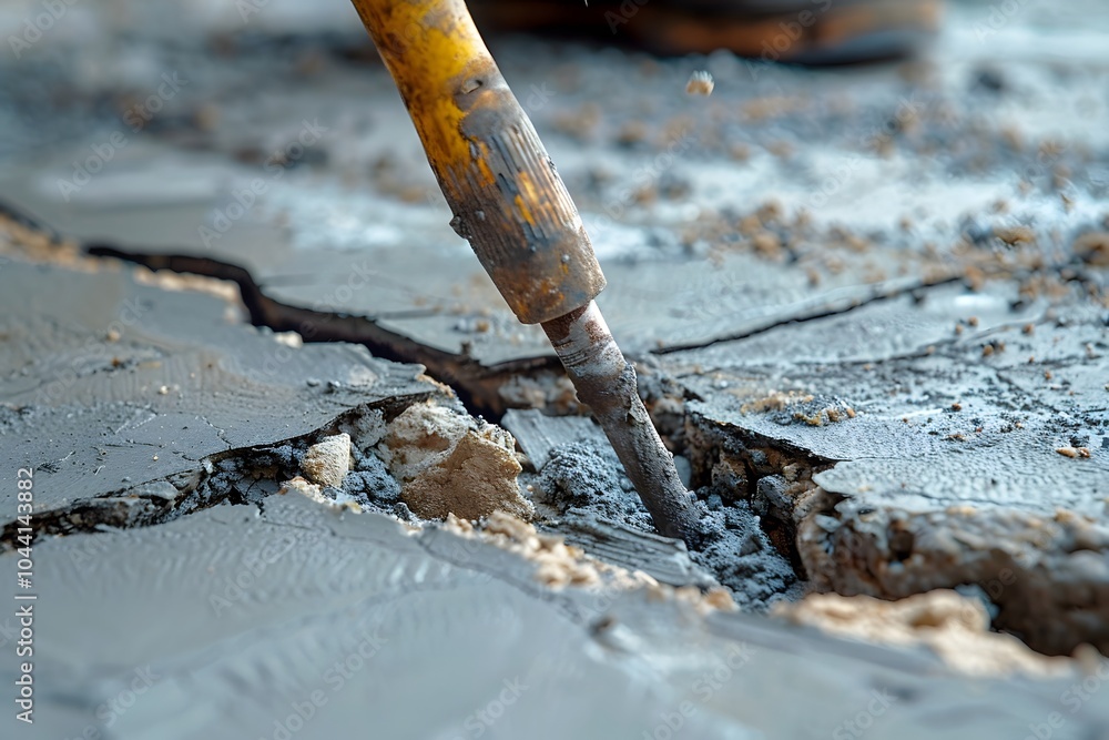 Fototapeta premium Close-Up of a Trowel Working on Cracked Concrete Surface