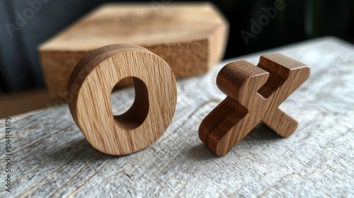 Wooden letters o and x on a wooden table.