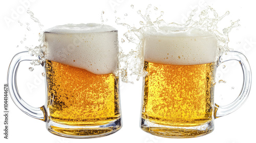 Two Beer Mugs Toasting With Splashes on a Transparent Background Generative AI